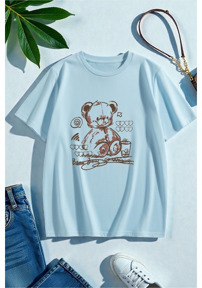 Uyguntarz Unisex Bear Bear Baskılı Tasarım Tshirt Bebe Mavisi