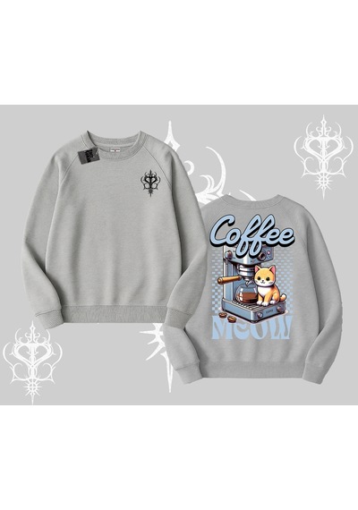 Startmore Coffee Meow Kahve Temalı Kedi Arka Baskılı Biskilet Sweatshirt Gri