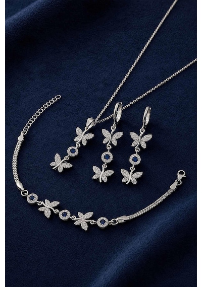 Gümüş Pazarım Safir Taşlı Kelebek Motifli Gümüş Set 83007562