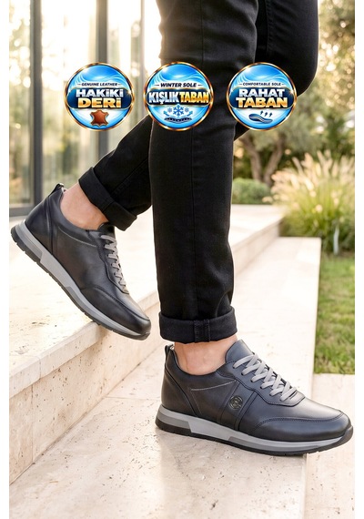 Castle Black Lacivert Hakiki Deri Bağcıklı Erkek Casual Sneaker Ayakkabı 42172