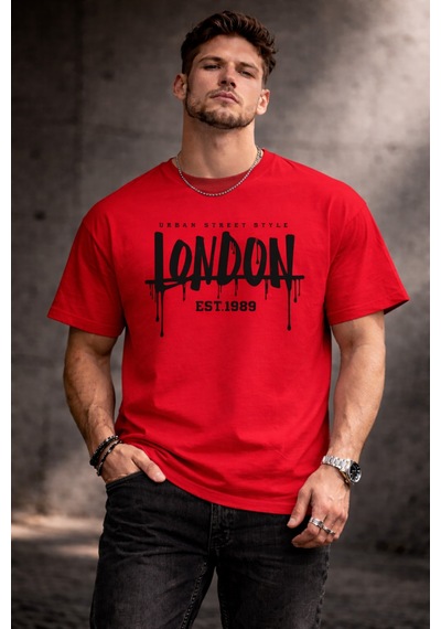 Herkesemoda Urban Streat Yazı Detaylı Basic T-shirt Kırmızı