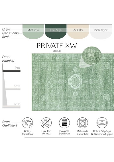 Cool Halı Private Xw Mint Yeşili Eskitme Halı Klasik Desenli Şönil İnce Yıkanabilen Salon Halısı Yeşil