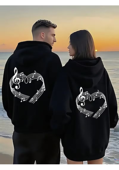 Nevermind Sevgili Çift Kombin Hoodie Notalı Kalp Baskılı Oversize Kapüşonlu Siyah