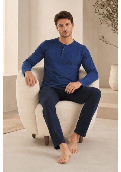 Loule Erkek Lacivert Kutulu Robdöşambr Penye Pijama Seti 5 Parça