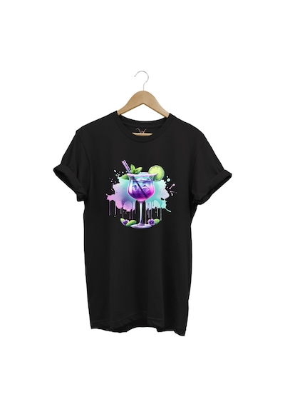 Tropik Kokteyl Temalı Renkli Yaz Baskılı %100 Pamuk Unisex Regular Fit T-shirt Siyah