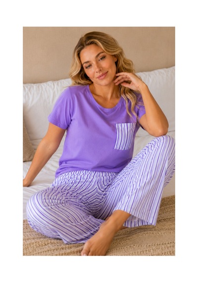 Fit Women Lila Çizgili Cepli Kısa Kollu Pijama Takımı 4651-lila