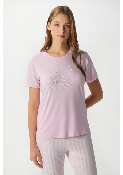 Ritnice Kadın Time Yumuşak Doku Pembe Çizgili Bisiklet Yaka Kısa Kollu Alt Üst Pijama Takımı Pembeekru Çok Renkli