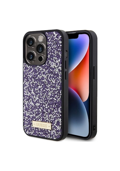 Apple Uyumlu iPhone 15 Pro Kılıf Guess Lisanslı Taşlı Arka Yüzey Metal Yazı Logolu Kapak Siyah