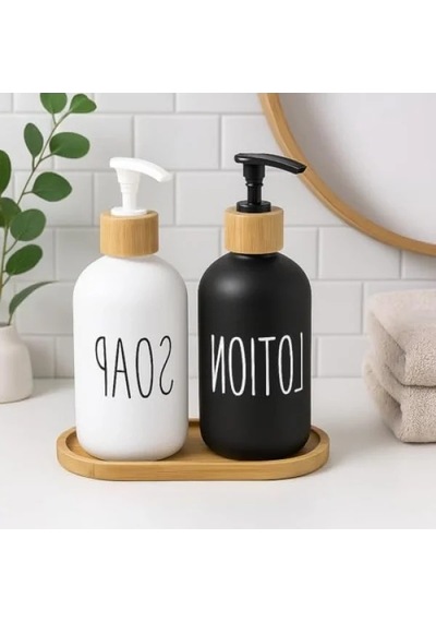 2 Li Cam Sıvı Sabunluk Ve Losyonluk Seti 500 Ml Siyah & Beyaz 12 Izgara
