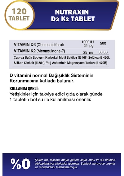 D3 & K2 - 1000 Iu D3 Vitamini-25 Mcg K2 Vitamini - 120 Adet Tablet