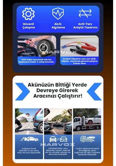 Harvox 10.000mah Akü Takviyeli Hava Kompresörü Şarjlı Powerbankli Göstergeli Araç Lastik Şişirme 150 Psı
