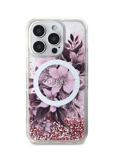 Apple iPhone 16 Pro Max Uyumlu Kılıf Guess Lisans Magsafe Özellik Sıvılı Simli Çiçek Desenli Pembe