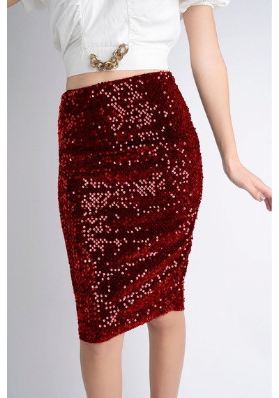 Sermoda Pullu & Astarlı Diz Altı Kalem Etek - 60 Cm Uzunlukta Abiye Etek Likralı & Esnek Pullu Etek Kırmızı Sermoda Pullu & Astarlı Diz Altı Kalem Etek - 60 Cm Uzunlukta Abiye Etek Likralı & Esnek Pullu Etek Kırmızı