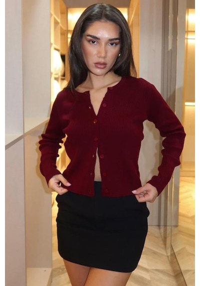 Madmext Bordo Düğmeli Uzun Kollu Triko Hırka Mg2218 Bordo