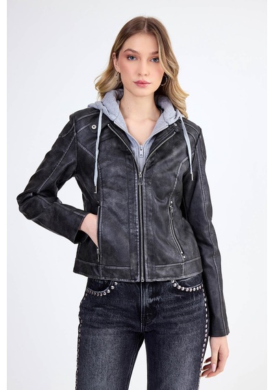 Vitrin Kapüşonlu Suni Deri Crop Biker Ceket Siyah