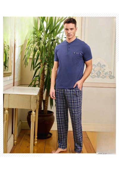 Pijamoni Erkek Düğme Yaka Kısa Kol Pijama Takımı 6850/14 - 1 Adet Saks