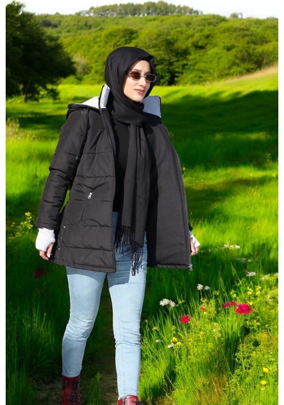 Kışlık Su Geçirmez Kapüşonlu Eldiven Detaylı Uzun Şişme Mont Siyah