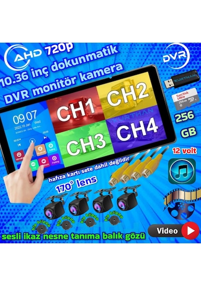 4 Adet Ahd 720p Nesne Tanımalı Sesli İkazlı Kamera Dvr Dokunmatik Monitör 12 Volt