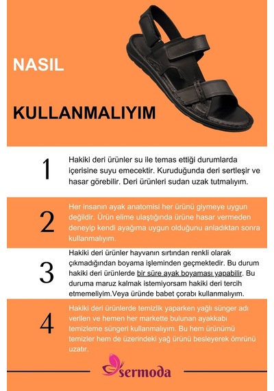 Sermoda Hakiki Gerçek Deri Cırtlı Erkek Sandalet Siyah