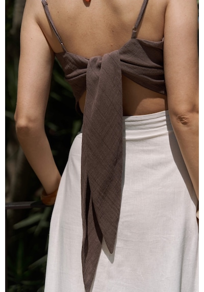 Mai Collection Mai Studios Co. Kita Üçgen Detay Çizgili Kahve Keten Crop Kahve