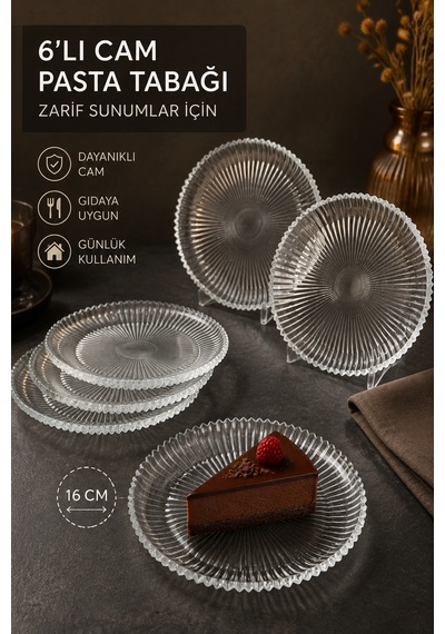 6 Adet Çizgili Cam Pasta Tabağı Seti 16 Cm Tatlı, Kek Ve Sunum Tabağı Şeffaf