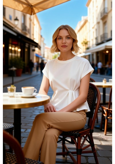 Benerly Kadın T Shirt Kayık Yaka Kısa Kol Relaxed Rahat Kalıp Büzgülü Düz Ekru
