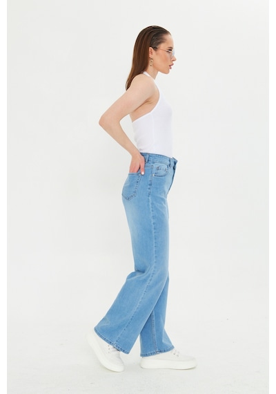 Kutaf Buz Mavi Beş Cepli Palazzo Denim Pantolon Bebe Mavisi