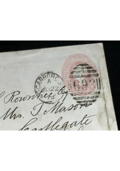 İngiltere Klasik Dönem 1870 Victoria Dönemi Pink Penny Kendinden Pullu Antiye Zarf Varış Damgalı