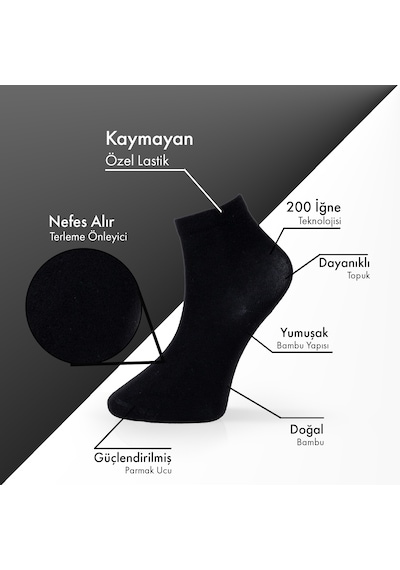 Saf Bambu Erkek Yarım Konç Düz Siyah Çorap Dikişsiz Premium Kutulu 6'lı L5952aznp Softaura