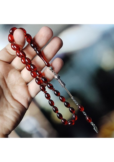 Siyah Hareli Kırmızı Ateş Kehribar Tesbih