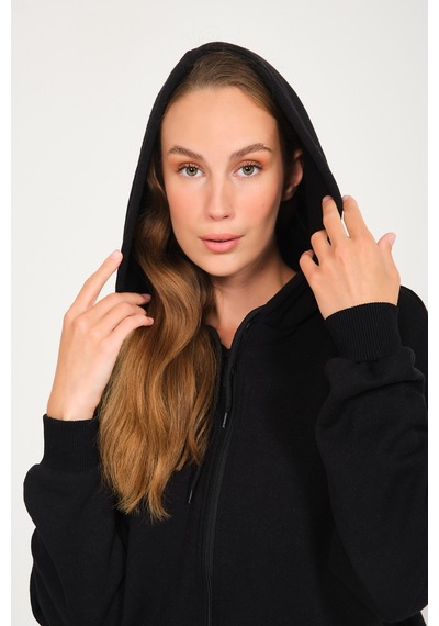 Harmandar Baskısız Unisex Siyah Cepli Kapüşonlu Fermuarlı Sweatshirt Hırka Siyah