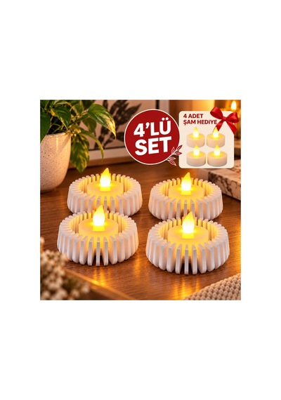 4 Lü Modern Dekoratif Led Mumluk Seti 3d Baskı Yuvarlak Tasarım, 4 Adet Pilli Led Mum Hediyeli, Beyaz Açık