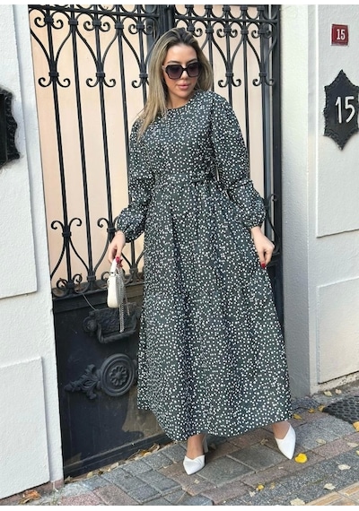 Defymoda Kadın Uzun Kollu Bisiklet Yaka Papatya Desen Kuşak Dahil Maxi Boy Elbise Siyah