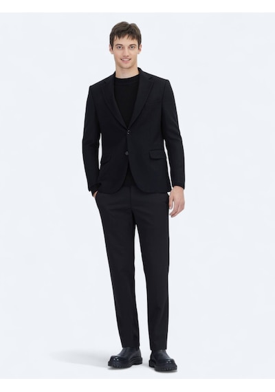 Siyah Düz Modern Fit Yün Karışımlı Ceket Siyah