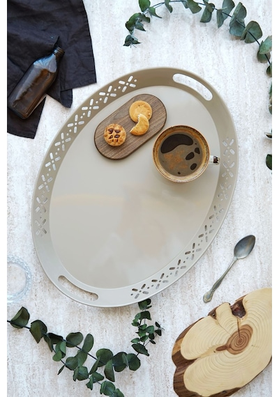 Metal Oval Servis Tepsisi, Büyük Tepsi, Çay Kahve Tepsisi Desenli