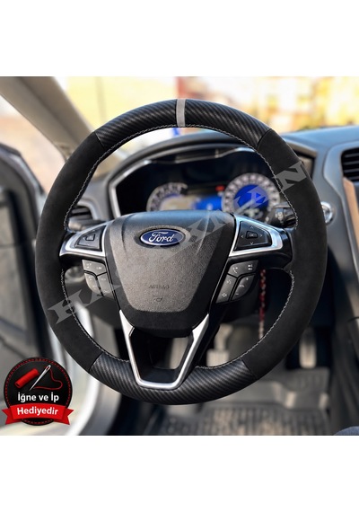 Ford Edge Mk2 Dikme Direksiyon Kılıfı Alcantara Süet Mat Karbon Gri Yüzük Ve Dikiş 2015-2021 Siyah