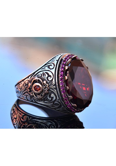 Gerçek Garnet Taşlı Kral Yüzüğü, Sterlin Gümüş Erkek Yüzüğü Gümüş