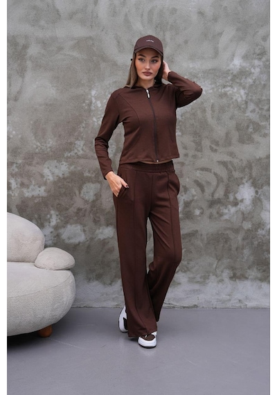 Elaxi Modal Kumaş Slim Fit Kapüşonlu İkili Takım Kahverengi