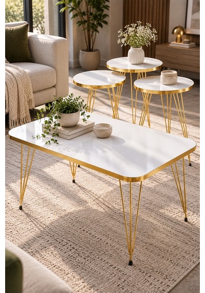 Sulorahome 4'lü Sehpa Seti Beyaz Tablalı Ve Gold Metal Ayaklı Beyaz - Altın