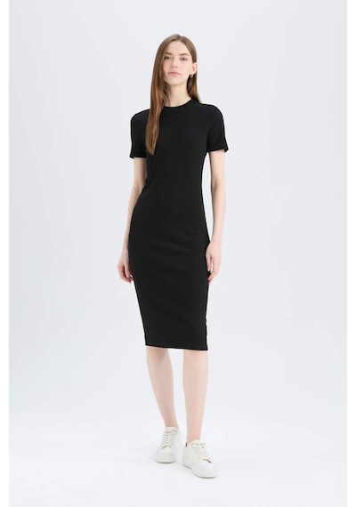 DeFacto Bodycon Vücudu Saran Bisiklet Yaka Basic Düz Fitilli Kaşkorse Kısa Kollu Midi Elbise E6926AX25SPBK81