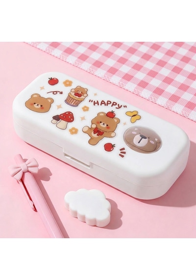Sevimli Kawaii Figürlü Kalem Kutusu Çok Bölmeli Çift Katlı Büyük Kapasiteli Kalem Kutusu Sticker'lı Kalem Kutusu Sticker Yapıştırılabilir Kalemlik Sticker Kalemlik Beyaz