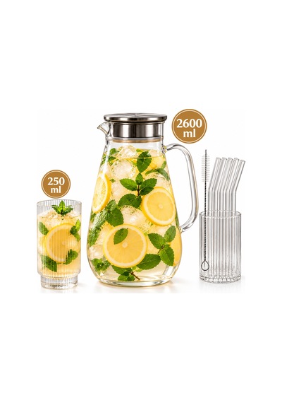 Porsima Borosilikat Metal Kapaklı Çizgili Cam Sürahi Ve 6'lı Meşrubat Bardak Seti 2600 Ml Sürahi + 6x250 Ml Bardak + Cam Pipet Hediyeli