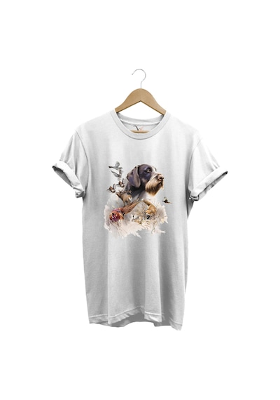 Hunter Avcılık Av Desenli Av Köpeği Ve Av Kuşu Baskılı %100 Pamuk Premium Regular Fit Beyaz T-shirt Beyaz