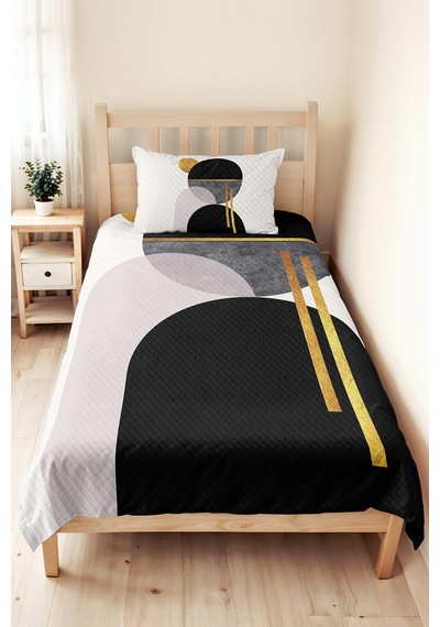 Siyah Geometrik Modern Genç Odası Tek Kişilik Pike Takımı-gold Gri 160x220 Cm Kapitone Yatak Örtüsü Naif Bozkır Havası