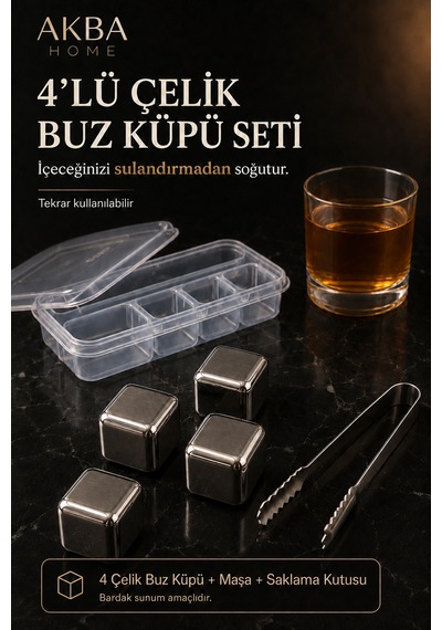 4 Lü Çelik Buz Küpü Seti Maşalı Saklama Kutulu Sulandırmayan İçecek Soğutucu Metal