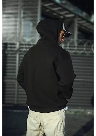 Üç İplik Penye Kapşonlu Basic Sweatshirt - Siyah Siyah
