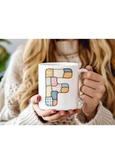 F Harfi Renkli Yamalı Tasarım Kupa Bardak - Bohem Patchwork Desenli Kupa - Etnik Hediyelik Beyaz