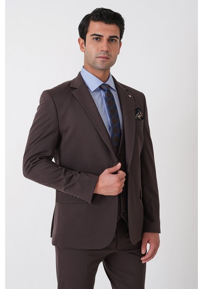 Efor Slim Fit Esnek Pamuklu Dokulu Kahverengi Yelekli Takım Elbise Tk 959