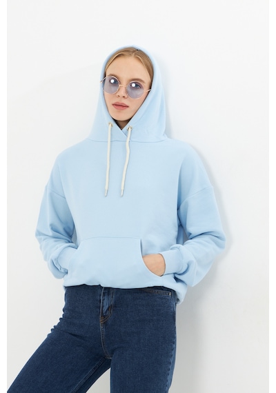 Bebe Mavisi Kanguru Cep Şardonlu Kapüşonlu Regular Fit Sweatshirt Mavi