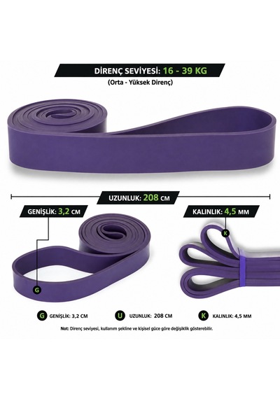 208 Cm Pilates Jimnastik Lastiği Egzersiz Yoga Direnç Bandı Orta-yüksek - Mor 2080x32x4.5 Mm